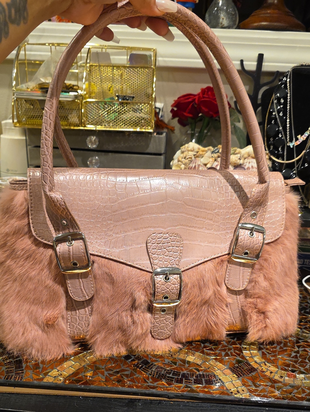 Newport News Pink Croc-Embossed Faux Fur Satchel